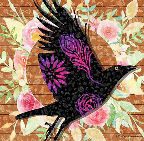 digital collage of a crow in flight by Susan Straub-Martin