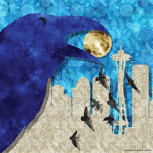 digital collage of a crow and the moon by Susan Straub-Martin
