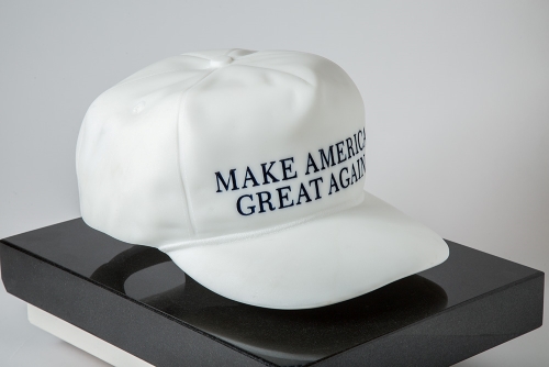 hyper-realistic stone sculpture of Donald Trump's the Make America Great Again white ballcap by Robin Antar
