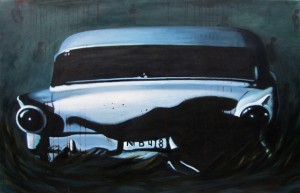 Painting of 1957 Ford inspired by Alfred Hitchcock
