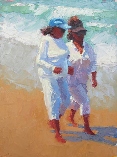 Catching Up - painting of two women on the beach, by artist Manon Sander