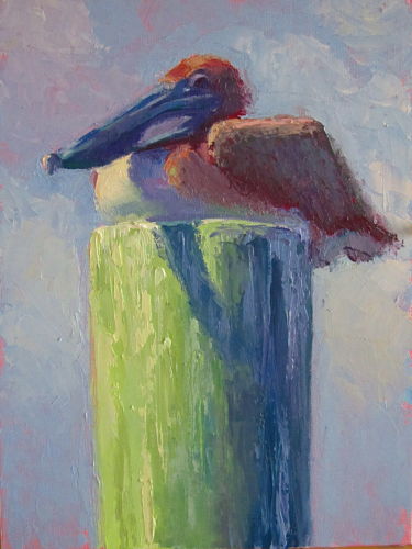 oil painting of a pelican "Lazyboy" by artist Manon Sander