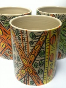 Thrown ceramic cups with underglaze decoration