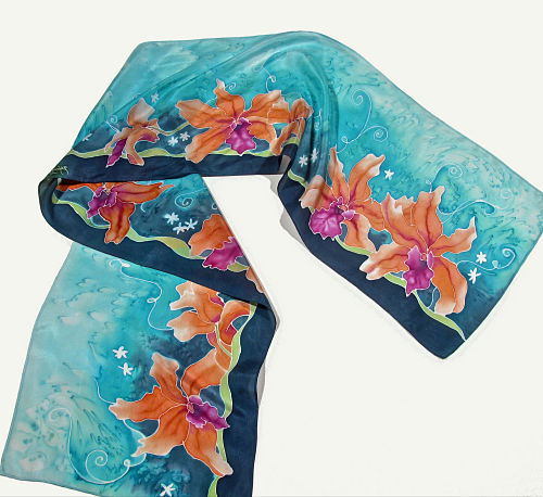 handpainted silk scarf with orchids