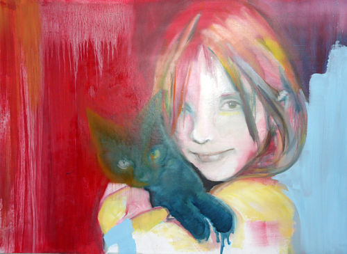 "Laragh" a painting of a young girl with her cat by artist Helen Tyrrell