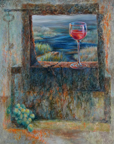 "Beckoned Away" painting by artist Carolyn McIntyre; wine glass