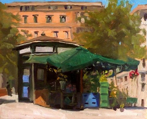 The Flower Stand, Piazza Vittorio, 16x20 cm Oil on Wood, 2012