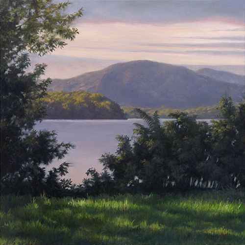 landscape painting, oil painting, lake and mountain