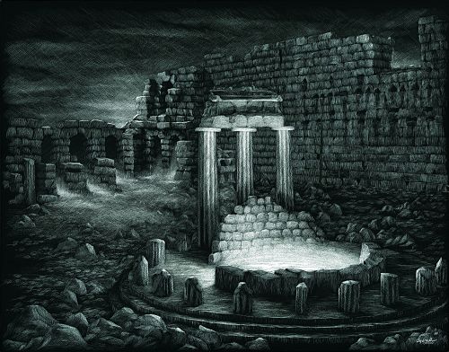 Scratchboard, castle walls, ruins, druids