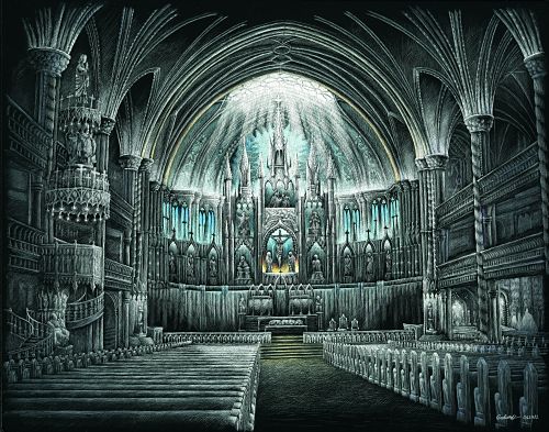 Notre Dame, drawing of Note Dame Basilica, church, altar, church interior