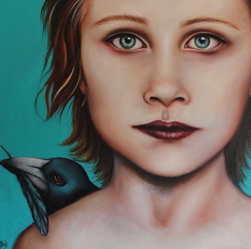 "One for Sorrow" by artist Deborah Keogh; young girl with magpie
