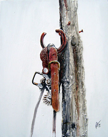 spurs hanging from a tree, western art