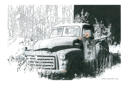 "GMC" pen and ink/aquarelle pencil, 9" x 13.5"