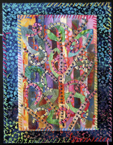 "Blue Ridge Sylvan" 1, fiber art, 9" x 7"Painted fabric collage, beading and embroidery, 9" x 7"