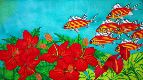 "Squirrelfish Hibiscus Anthurium" acrylic, 36" x 50"