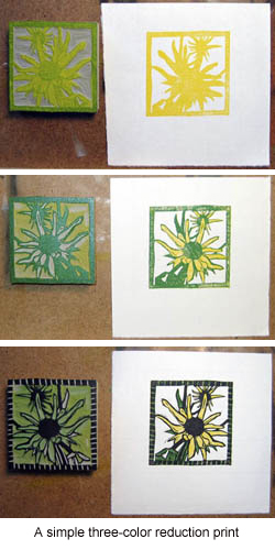 "Sunflower" showing the linocut process