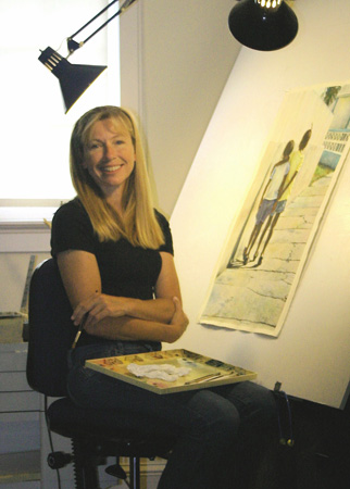 Artist Monica Acee at the easel