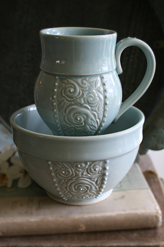 Hand thrown carved porcelain by Grace DePledge