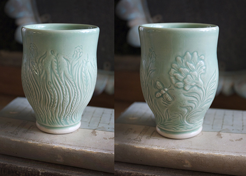Hand thrown porcelain cups with carved detail