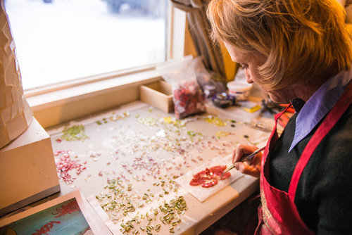 The artist Shelly Hamill at work in her studio.