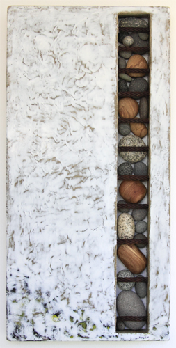 "Power of Suggestion I"  concrete, encaustic, stones, spalted madrone