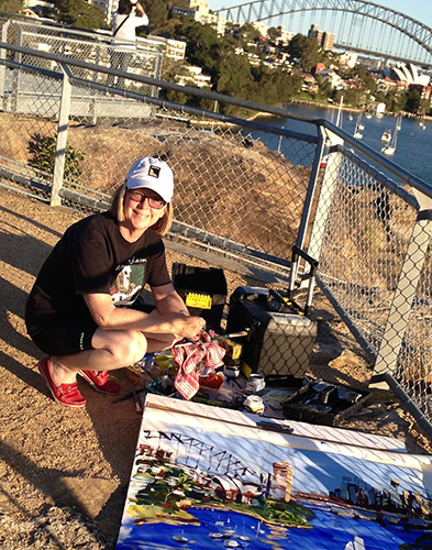 Artist Shirley Peters location painting at Ball's Head, Sydney