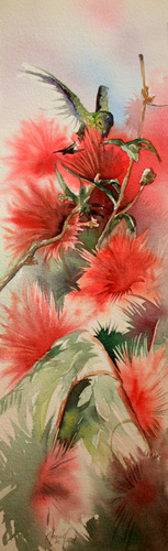 "Hummingbird Fireworks" Watercolor, 23"  x  7"