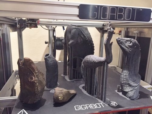 Dinosaur sculptures made on a 3D printer.
