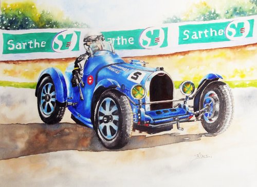 "Bugatti 35B at La Sarthe" watercolour by Anne D'Alton image