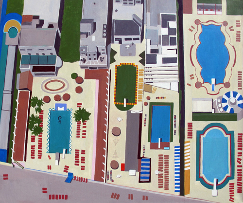 "Art Deco Pools" Acrylic painting of an aerial view multiple hotel swimming pools by Toni Silber-Delerive