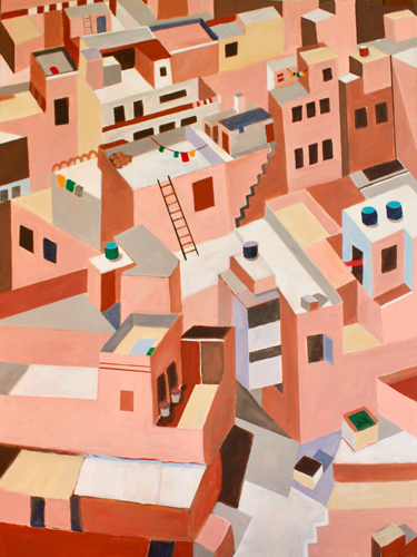 "Jaipur, India" Acrylic painting of a pink stucco city seen from above by Toni Silber-Delerive