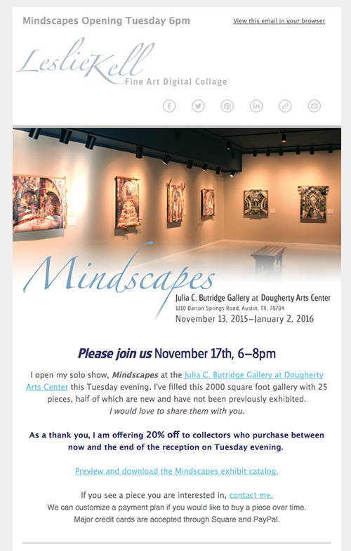 Kell's email invitation to the opening reception offers 20% off to early purchasers.