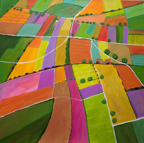 "Summer Fields" Acrylic painting of colorful farm fields from a birds eye view by Toni Silber-Delerive