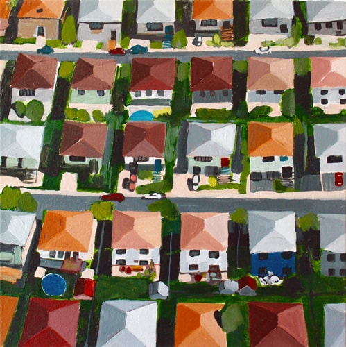 "Paterson, NJ" Acrylic painting of a New Jersey suburb as seen from above by Toni Silber-Delerive