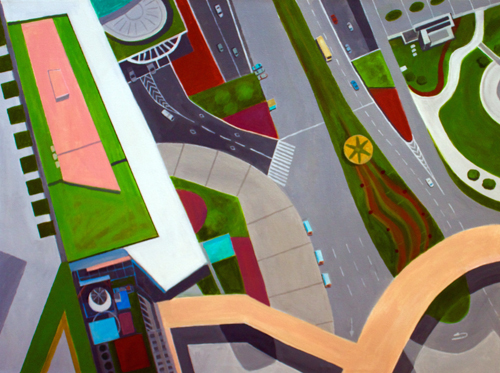 "Walkway in Shanghai" Acrylic painting of a complex highway in Shanghai from a birds eye view by Toni Silber-Delerive