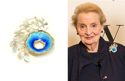 Madeleine Albright Brooch (2014), Fine Silver, 24k, Enamel, 2" x 2.4" x .65", custom made by artist Cheryl Eve Acosta. See her work featured at www.ArtsyShark.com