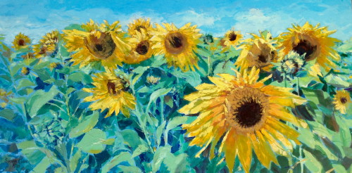 "A Field of Sunflowers" Acrylic on Box Canvas, 20” x 39” by artist Susan Clare. See her portfolio by visiting www.ArtsyShark.com