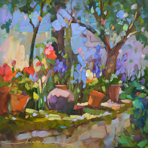 "A Light Dance in the Garden" Oil, 12" x 12" by artist Dreama Tolle Perry. See her portfolio by visiting www.ArtsyShark.com