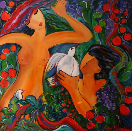 "Adam and Eve" Acrylic, Oil and Mixed Media, 100cm x 100cm by artist Bonnie Riccard. See her portfolio by visiting www.ArtsyShark.com