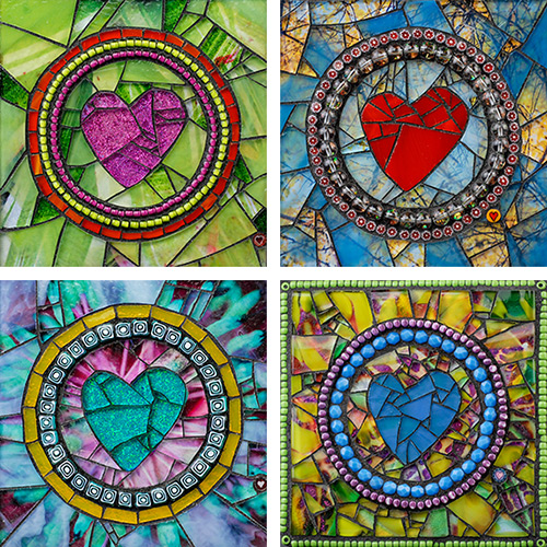 "Heart Signatures: Watermelon Delight, Aspen Sky, Tie-Dye and Tropicana" mosaic made with stained glass, beads, Millefiori, tiles and original photography under the glass, 4.25" x 4.25" x 1" by artist Cherie Bosela. See her amazing portfolio at www.Artsy Shark.com