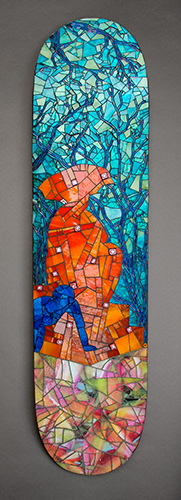 "Sitting, Waiting, Wishing" (skateboard deck) mosaic made with stained glass, beads, millefiori, glitter, iridescent paint and original photography under the glass. Size: 7.5” x 31.5” by Cherie Bosela. See her portfolio at www.ArtsyShark.com