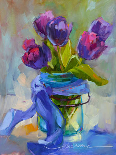 "Cottage Tulips" Oil, 9" x 12" by artist Dreama Tolle Perry. See her portfolio by visiting www.ArtsyShark.com