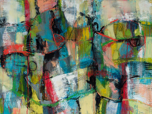 "Going in Different Directions" mixed media, 39" x 40", by artist M. Jane Johnson, whose art can be seen featured at www.ArtsyShark.com