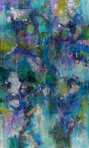 "Leaves on Water" mixed media, 60" x 36" by M. Jane Johnson. Her vibrant portfolio can be seen at www.ArtsyShark.com