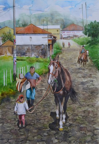 Mauri Virtanen's watercolor "The Little Girl and the Horse" is part of the Painter's Showcase at www.ArtsyShark.com