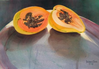"Papaya on a Platter" Watercolor on Paper, 12" x 18" by artist Susan Clare. See her portfolio by visiting www.ArtsyShark.com.
