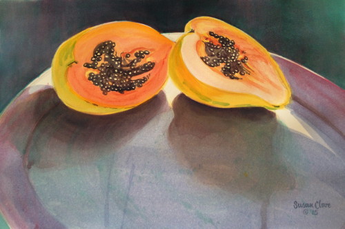 "Papaya on a Platter" Watercolor on Paper, 12" x 18" by artist Susan Clare. See her portfolio by visiting www.ArtsyShark.com.