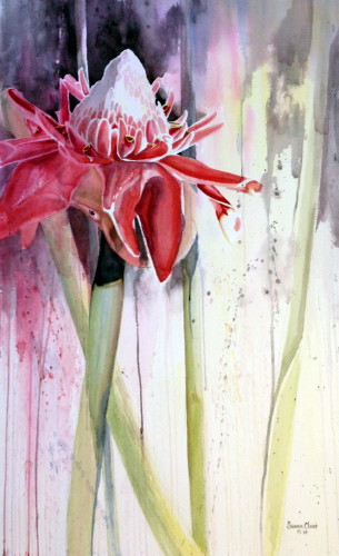 "Red Torch Lily" Watercolor on Paper, 40” x 24” by artist Susan Clare. See her portfolio by visiting www.ArtsyShark.com