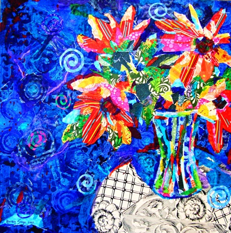 "Sunflower Salutation" Paper Mosaic Collage, 20" x 20" by artist Raven Skye McDonough. See her portfolio by visiting www.ArtsyShark.com