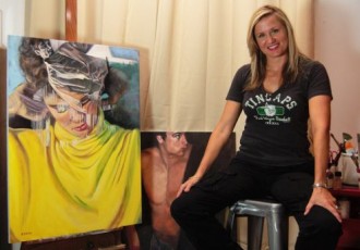 Victoria Page Miller with her painting “Hexidecimal dream f" - see the Painter's Showcase at www.ArtsyShark.com